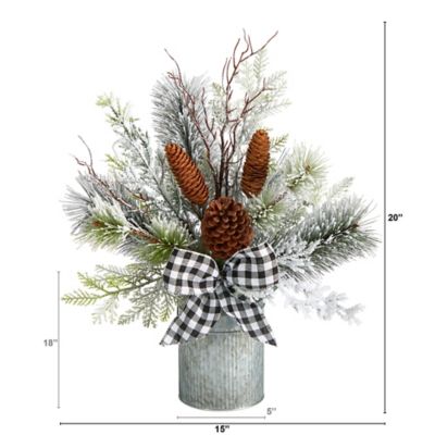 Image showing  20 in. Holiday Winter Greenery, Pine Cones and Gingham Plaid Bow Table Christmas Arrangement