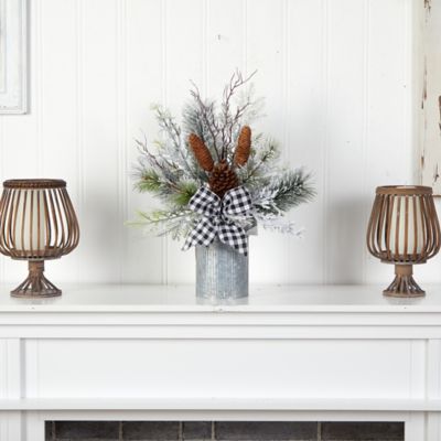 Image showing  20 in. Holiday Winter Greenery, Pine Cones and Gingham Plaid Bow Table Christmas Arrangement