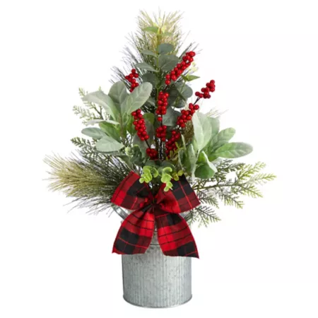 Almost natural 20 in Christmas arrangement with winter greenery pine cones and berries with buffalo plaid bow Artificial Christmas Plants