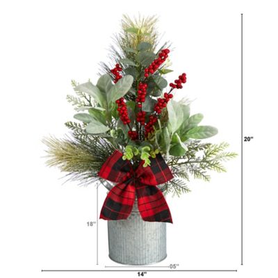 Image showing  20 in. Holiday Winter Greenery, Pine Cone and Berries with Buffalo Plaid Bow Christmas Arrangement