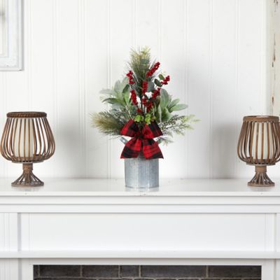 Image showing  20 in. Holiday Winter Greenery, Pine Cone and Berries with Buffalo Plaid Bow Christmas Arrangement
