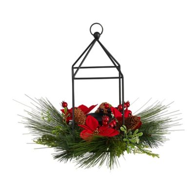 Nearly Natural 14 in. Metal Candle Holder with Artificial Poinsettia, Berry and Pine Cone Christmas Table Arrangement