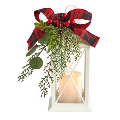 Nearly Natural 12 in. White Holiday Lantern with Artificial Berries, Pine and Plaid Bow Christmas Table Arrangement