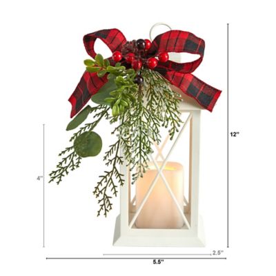 Image showing  12 in. White Holiday Lantern with Artificial Berries, Pine and Plaid Bow Christmas Table Arrangement