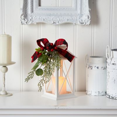 Image showing  12 in. White Holiday Lantern with Artificial Berries, Pine and Plaid Bow Christmas Table Arrangement