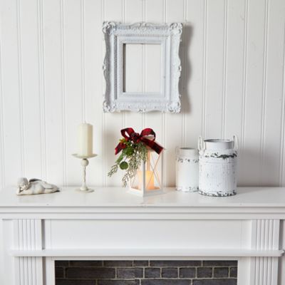 Image showing  12 in. White Holiday Lantern with Artificial Berries, Pine and Plaid Bow Christmas Table Arrangement