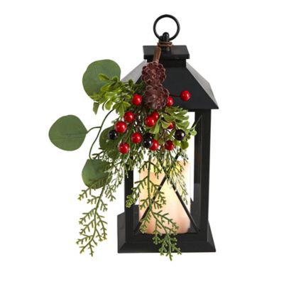 Nearly Natural 12 in. Holiday Berries and Greenery Metal Lantern Artificial Table Christmas Arrangement with LED Candle