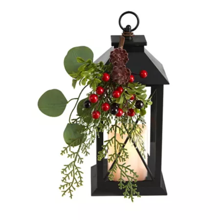 Nearly Natural 12 in Metal Christmas Lantern with Artificial Berries and Greenery for Christmas Tabletop with LED Candle Artificial Plants & Flowers