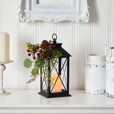 Image showing  12 in. Holiday Berries and Greenery Metal Lantern Artificial Table Christmas Arrangement with LED Candle