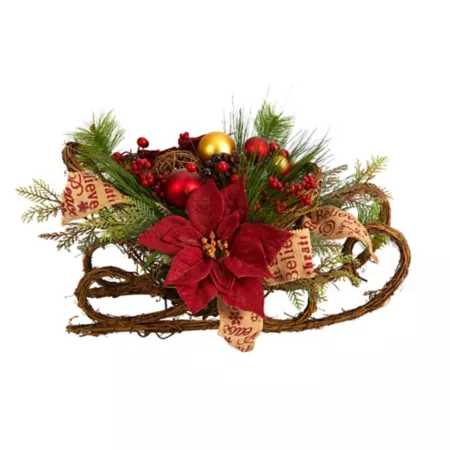 Nearly Natural 18" Artificial Christmas Sleigh Arrangement with Poinsettia Berries Pinecone and Ornaments Artificial Christmas Plants