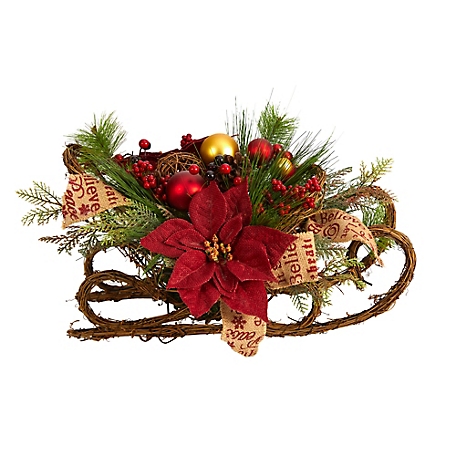 Nearly Natural 18 in. Christmas Sleigh Artificial Arrangement with Poinsettia, Berries, Pine Cone and Ornaments