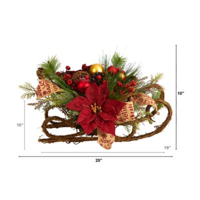 Image showing  18 in. Sleigh Artificial Arrangement with Poinsettia, Berries, Pine Cone and Ornaments