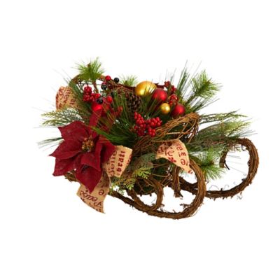 Image showing  18 in. Sleigh Artificial Arrangement with Poinsettia, Berries, Pine Cone and Ornaments