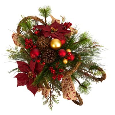 Image showing  18 in. Sleigh Artificial Arrangement with Poinsettia, Berries, Pine Cone and Ornaments