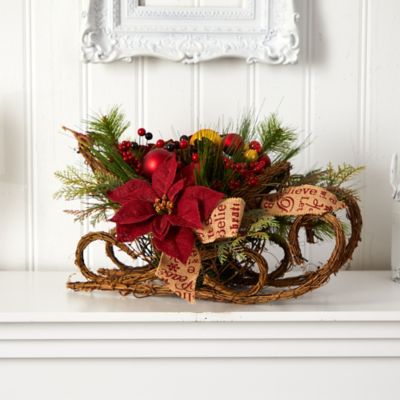 Image showing  18 in. Sleigh Artificial Arrangement with Poinsettia, Berries, Pine Cone and Ornaments