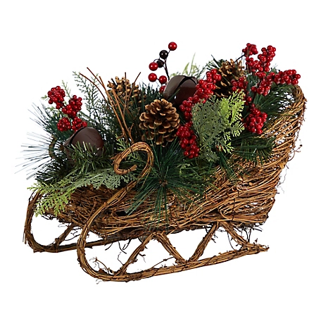 Nearly Natural 18 in. Christmas Sleigh Artificial Christmas Arrangement with Pine, Pine Cones and Berries