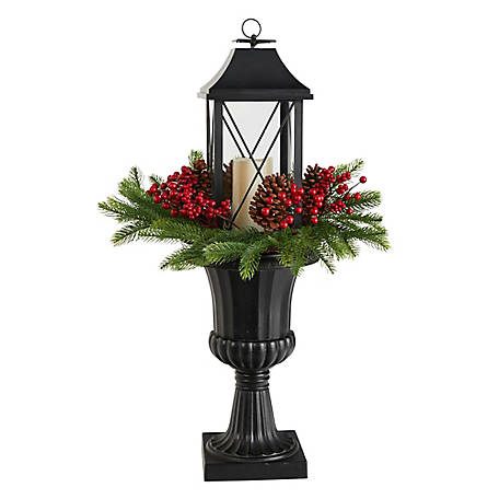 Nearly Natural 33 in. Holiday Greenery Lantern Set, Berries and Pine Cones in Decorative Urn
