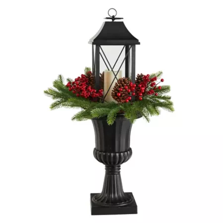 Nearly Natural 33" Christmas Greenery Berries and Pinecone Lantern Set in Decorative Urn Christmas Pathway Lights