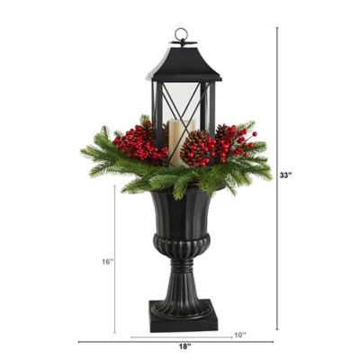Image showing  33 in. Holiday Greenery Lantern Set with Berries and Pinecones in Decorative Urn