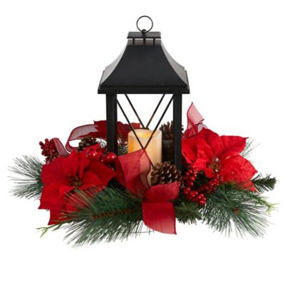 Nearly Natural 15 in. Holiday Poinsettia, Pine Cone and Greenery Artificial Christmas Arrangement with Lantern