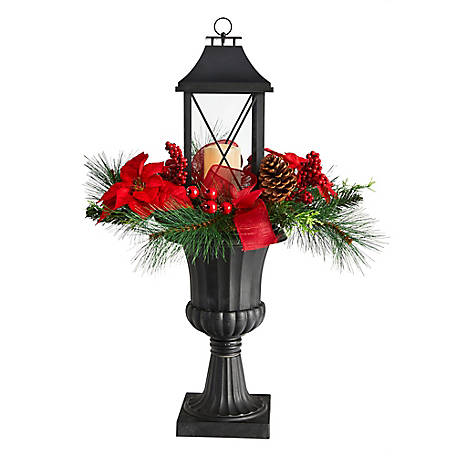 Nearly Natural 33 in. Holiday Christmas Berries and Poinsettia Candle Set in a Decorative Urn