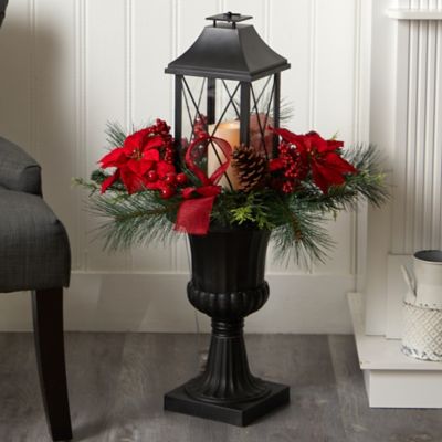 Image showing  33 in. Holiday Christmas Berries and Poinsettia Candle Set in Decorative Urn