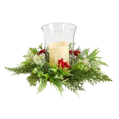 Nearly Natural 8 in. Cedar and Berries Artificial Christmas Arrangement Candelabrum