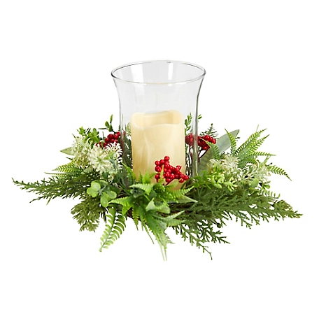 Nearly Natural 8 in. Cedar and Berries Artificial Christmas Arrangement Candelabrum