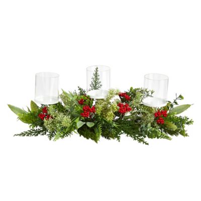 Nearly Natural 20 in. Holiday Winter Greenery and Berries Triple Candle Holder Artificial Christmas Table Arrangement