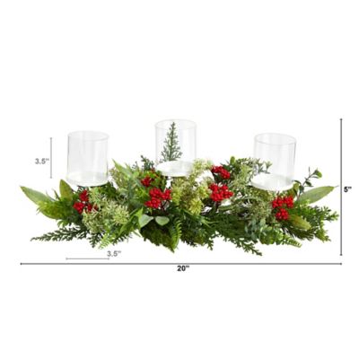 Image showing  20 in. Holiday Winter Greenery and Berries Triple Candle Holder Artificial Christmas Table Arrangement