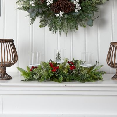 Image showing  20 in. Holiday Winter Greenery and Berries Triple Candle Holder Artificial Christmas Table Arrangement