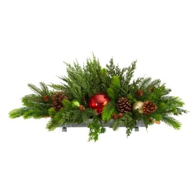 Nearly Natural 24 in. Cedar Pine Artificial Christmas Arrangement with Pine Cones and Ornaments in Tin Vase