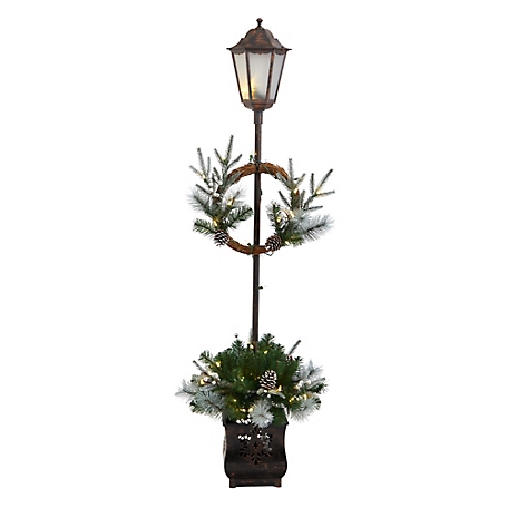 Nearly Natural 5 ft. Holiday Pre-Lit Decorated Lamp Post with Artificial Christmas Greenery, 10 in. W