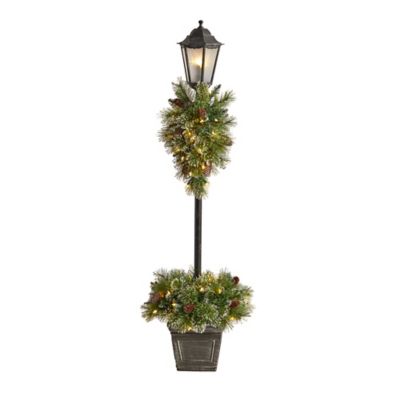 Nearly Natural 5 ft. Holiday Pre-Lit Decorated Lamp Post with Artificial Christmas Greenery, 18 in. W