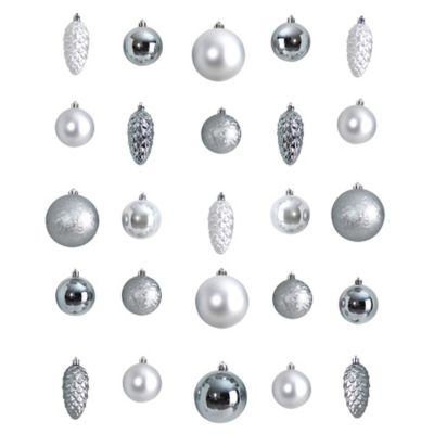 Nearly Natural 4 in. Lux Shatterproof Christmas Tree Ornament Set with Re-Usable Storage Container, Silver, 23-Pack
