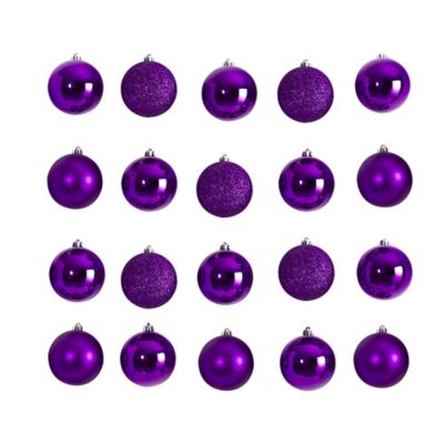Nearly Natural 3 in. Shatterproof Christmas Tree Ornament Set with Reusable Storage Container, Purple, 20 pk.