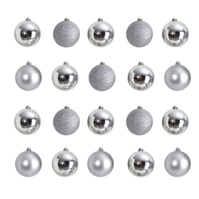 Nearly Natural 3 in. Shatterproof Christmas Tree Ornament Set with Reusable Storage Container, Silver, 20 pk.