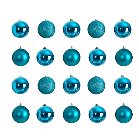 Nearly Natural 3 in. Shatterproof Christmas Tree Ornament Set with Reusable Storage Container, Teal, 20 pk.