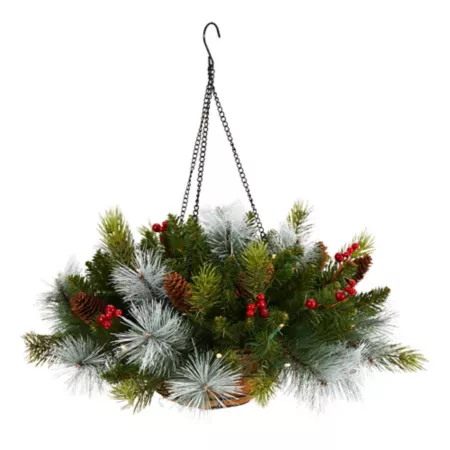 Nearly Natural 24 in Lighted Artificial Pine and Berry Christmas Hanging Basket for Holidays Artificial Plants & Flowers