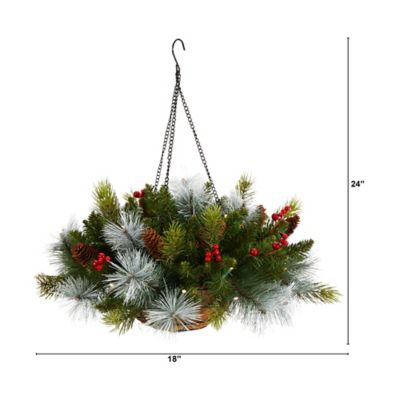 Image showing  24 in. Artificial Pre-Lit Pine and Berries Artificial Christmas Hanging Basket