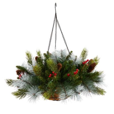 Image showing  24 in. Artificial Pre-Lit Pine and Berries Artificial Christmas Hanging Basket