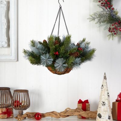 Image showing  24 in. Artificial Pre-Lit Pine and Berries Artificial Christmas Hanging Basket