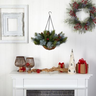 Image showing  24 in. Artificial Pre-Lit Pine and Berries Artificial Christmas Hanging Basket