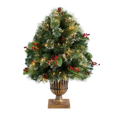 Nearly Natural 3 ft. Pre-Lit Snow-Tipped Greenery, Berries and Pine Cones Artificial Christmas Plant in Urn