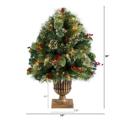 Image showing  3 ft. Pre-Lit Snow-Tipped Artificial Christmas Plant in Urn with Berries and Pine Cones