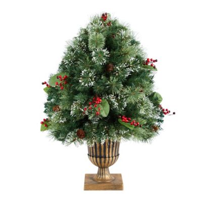 Image showing  3 ft. Pre-Lit Snow-Tipped Artificial Christmas Plant in Urn with Berries and Pine Cones