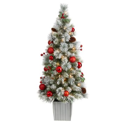 Nearly Natural 4 ft. Winter Flocked Artificial Christmas Tree with LED Lights and Ornaments in Decorative Planter