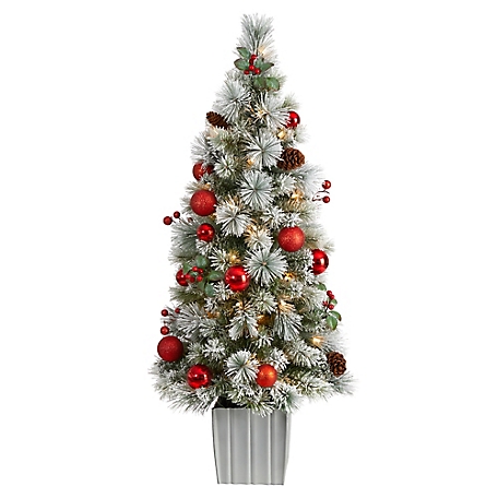 Nearly Natural 4 ft. Winter Flocked Artificial Christmas Tree with LED Lights and Ornaments in Decorative Planter