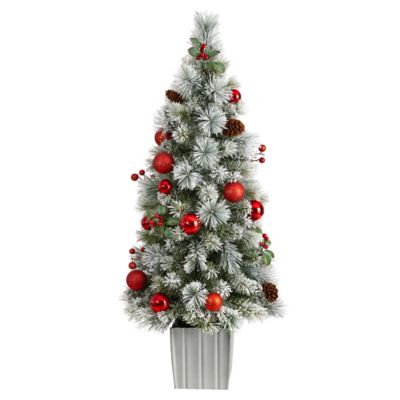 Image showing  4 ft. Winter Flocked Artificial Christmas Tree with LED Lights and Ornaments in Decorative Planter