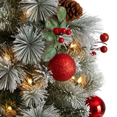 Image showing  4 ft. Winter Flocked Artificial Christmas Tree with LED Lights and Ornaments in Decorative Planter